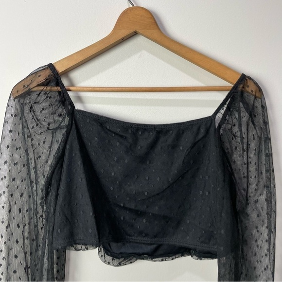 [Boohoo] Women's Black Polka Dot Sheer Long Sleeve Crop Top - Picture 6 of 6